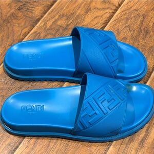 Fendi Blue Rubber Logo Slide Sandals